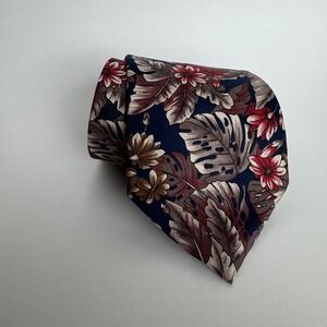 Oscar de la Renta Couture Mens Silk Tie Navy Floral Monstera Leaf Tropical Print